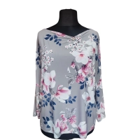 Popielata bluzka z rękawem 3/4 kimono - białe magnolie